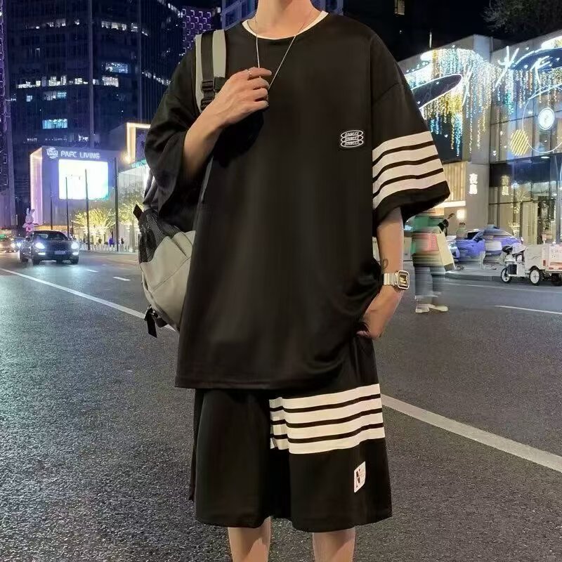 반팔 남성 여름 유행 브랜드 느슨한 홍콩 스타일 새로운 와플 스포츠 및 레저 정장 티셔츠 반바지 세트 도매