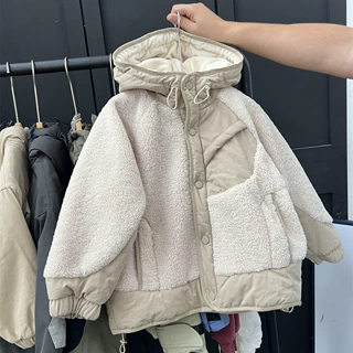 2024冬款男童女童羊羔毛连帽外套加厚儿童外出服加棉拼接毛毛上衣