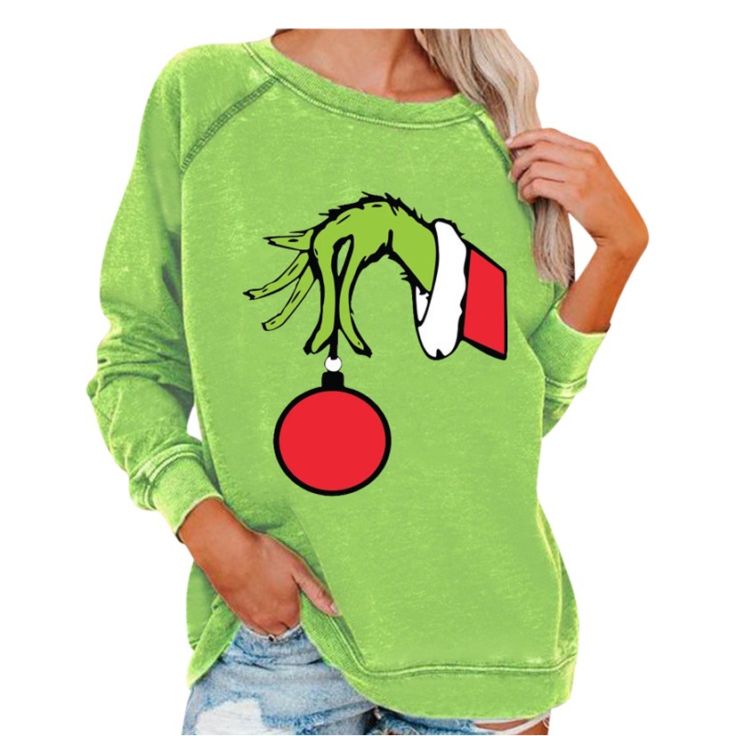 Amazon estación independiente Navidad Grinch superior de las mujeres Comercio exterior dibujos animados lindo cuerno manga cuello redondo suéter