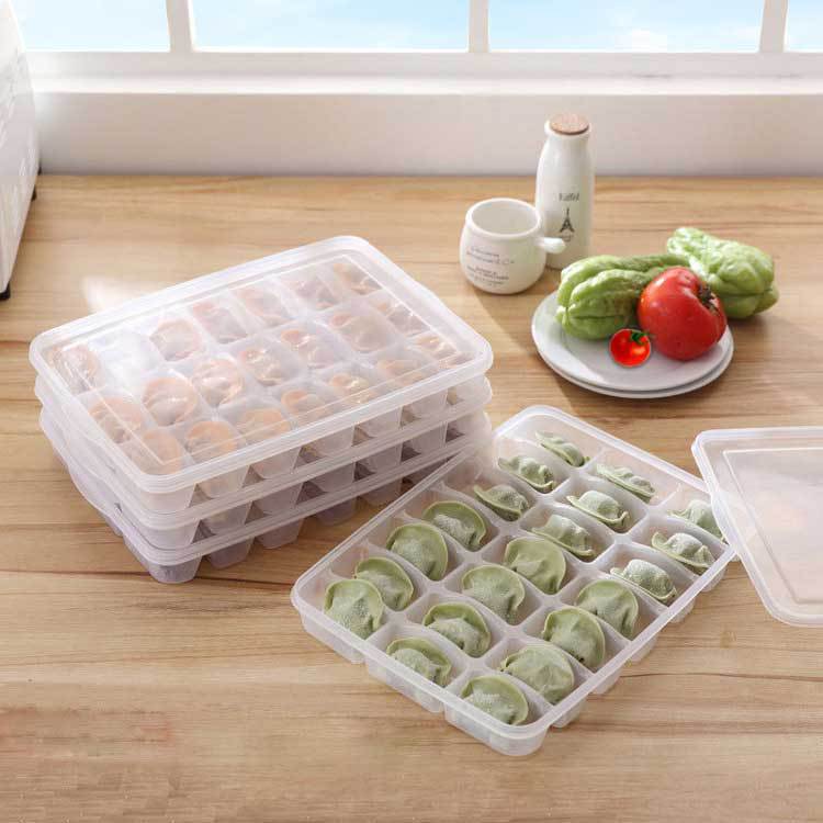 食品グレードの厚みのある冷蔵庫の蓋付き鮮度保持ボックス、家庭用および商業用急速冷凍ワンタンボックス、アンチスティック21グリッド餃子ボックス卸売|undefined