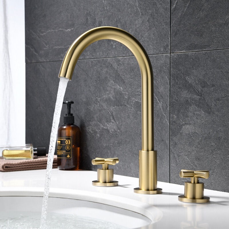 Kaiping Youjia bathroom split basin faucet three-hole basin brushed gold faucet cross handle 30851