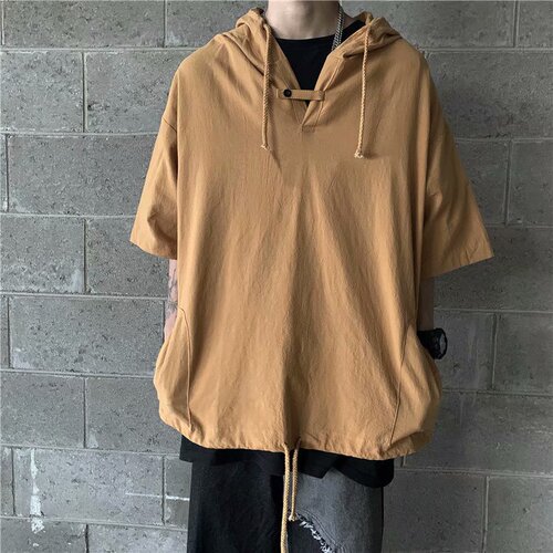 Japanese-style sun-protective clothing with multiple pockets, workwear-inspired short-sleeve T-shirt, Harajuku fashion, hooded pullover, half-sleeve overshirt, men's hoodie