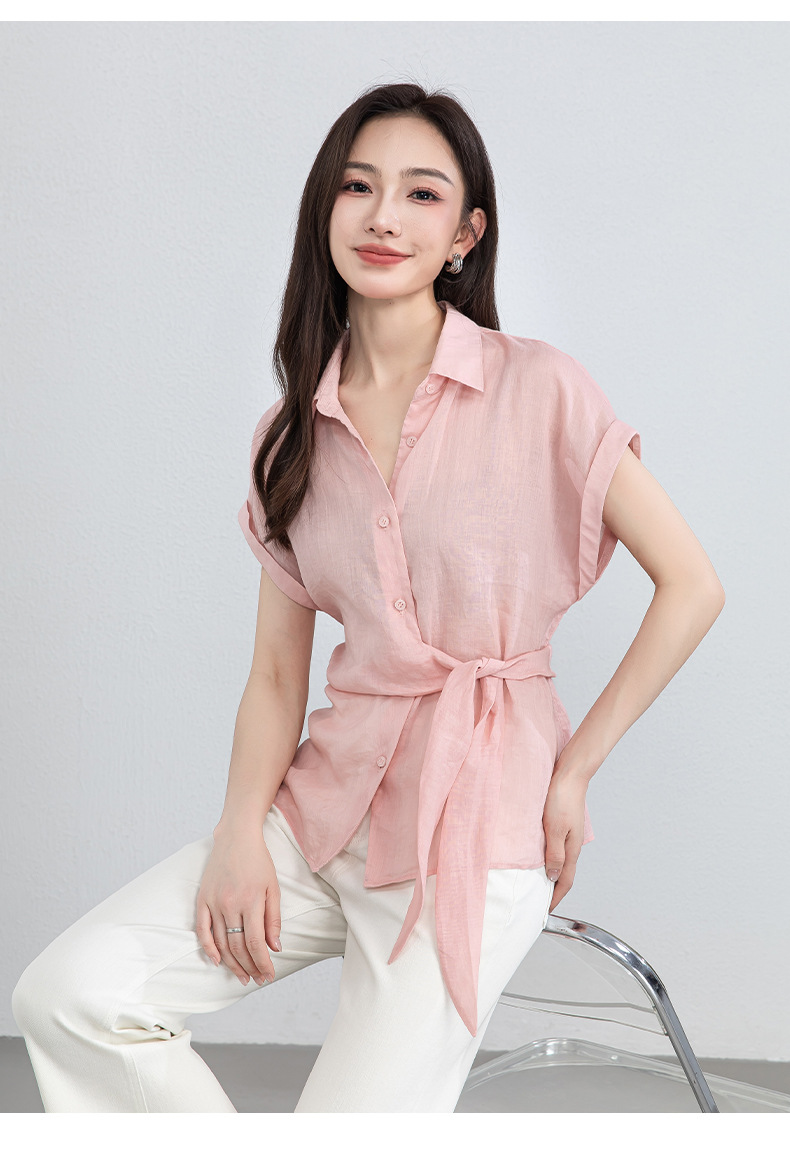 Áo sơ mi nữ không tay cổ bẻ dây rút chất liệu ramie thoáng mát — Màu hồng chi tiết 25