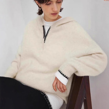 拼色加厚羊毛衫港味复古慵懒风半拉链连帽毛衣男上衣新款针织外套