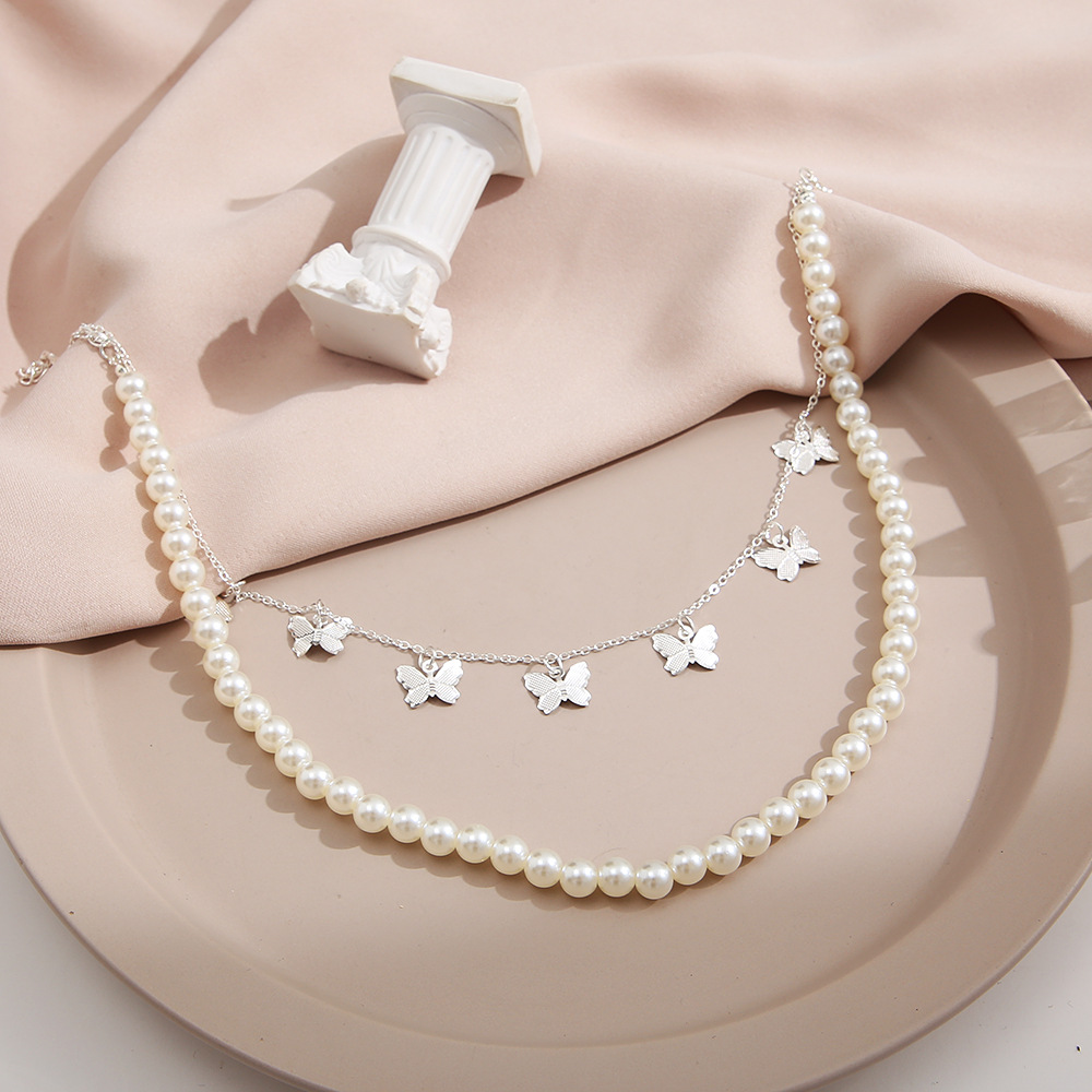 Fashion Butterfly Alloy Pearl Plating Layered Necklaces