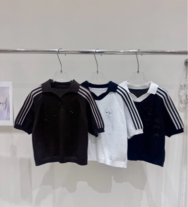 Summer Design-Inspired Three-Stripe Simple Solid Color Casual Knit Polo Shirt with Hollow-Out Vintage High-End Feel Short-Sleeve Top Trendy Summer Design-Inspired Three-Stripe Simple Solid Color Casual Knit Polo Shirt with Hollow-Out Vintage High-End Feel Short-Sleeve Top Trendy