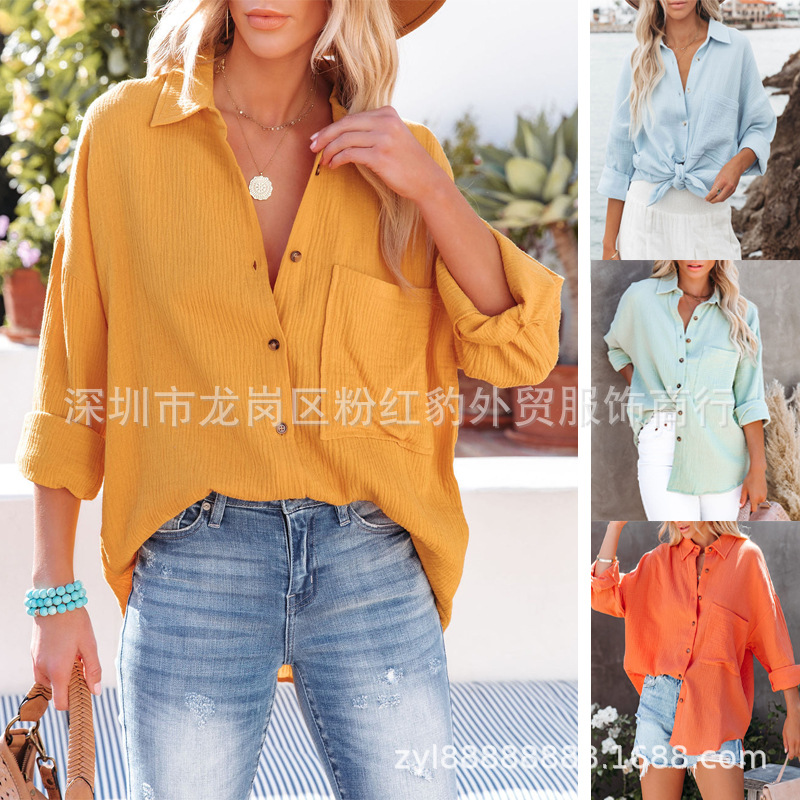 欧美爆款2022ebay亚马逊春季新品女装时尚翻领口袋糖果色衬衫上衣|ru