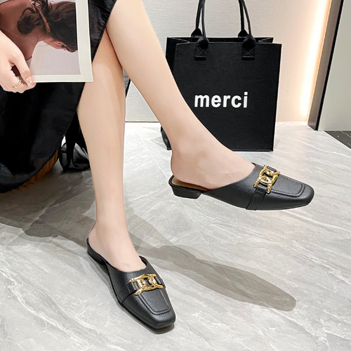 Baotou Half Slipper Women Fashion Outdoor Wear Chanel Style Lazy Slippers for Outdoor Use Anti-Slip Women Flat Sandals