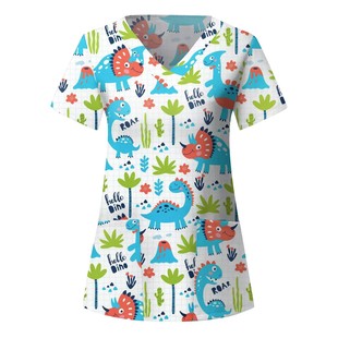 AliExpress wish Amazon European and American Christmas printed V-neck short-sleeved work clothes protective clothing top