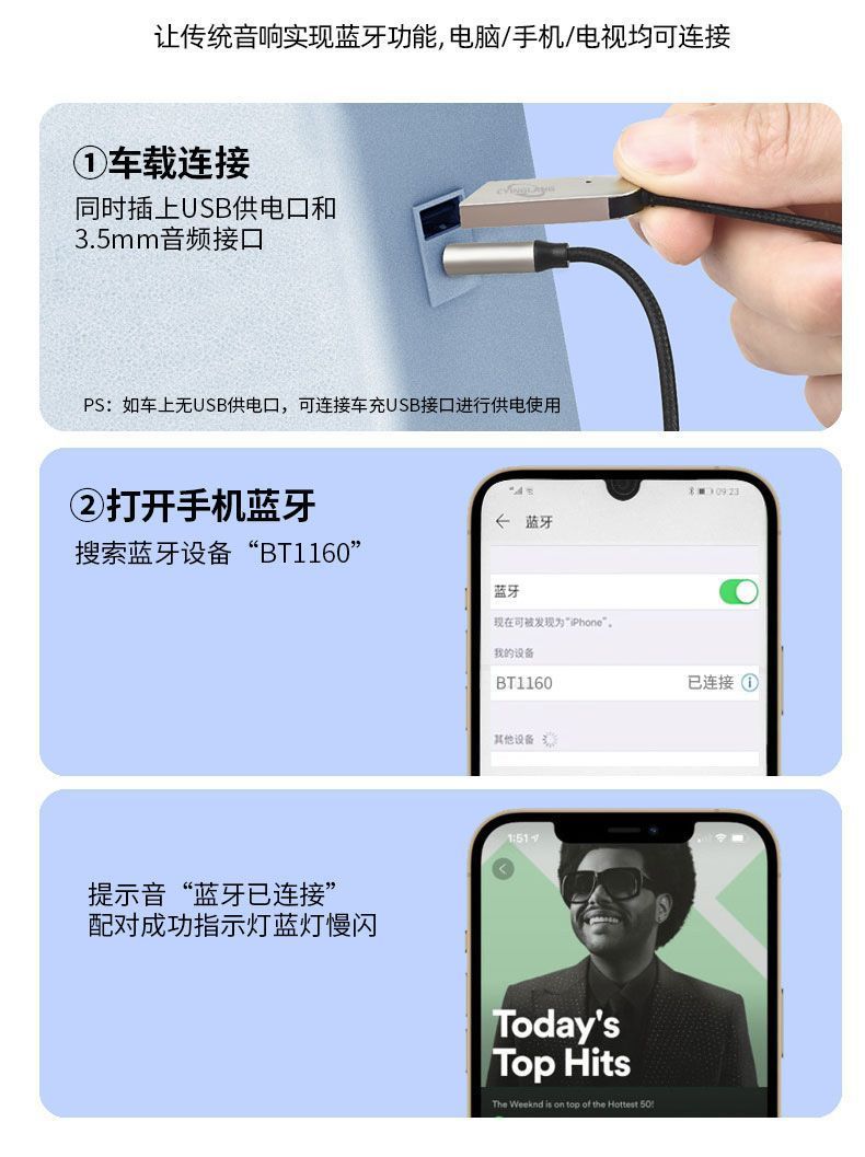 Yinglang Bluetooth Adapter 6.0 AUX3.5mm to 2RCA Dual RCA for connecting speakers