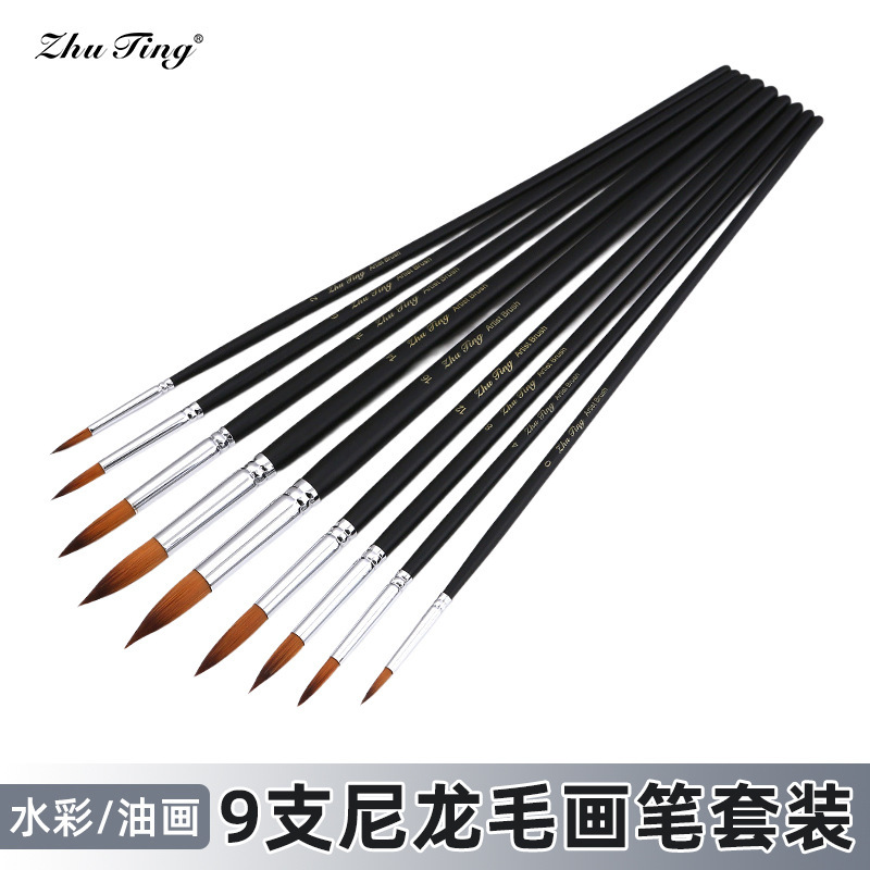 Cross-Border Hot-Selling Extended Brush Set of 9 Copper Tubes with Matte Black Handles, Angled Oil Painting Brushes, Direct Sales