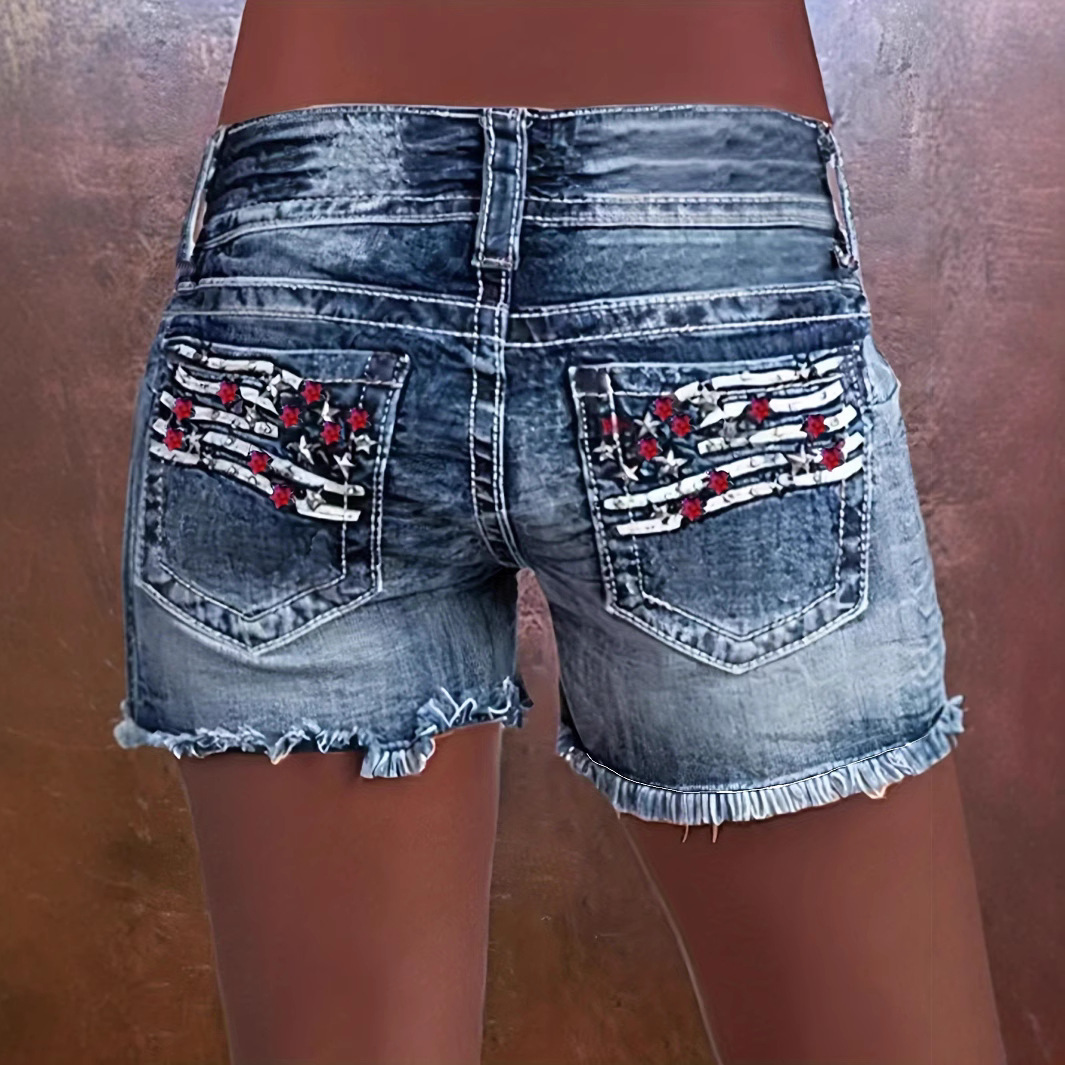 Women's European And American Fashion Ins Hot Style Elastic Patch Embroidered Ripped Denim Shorts_voghion.com