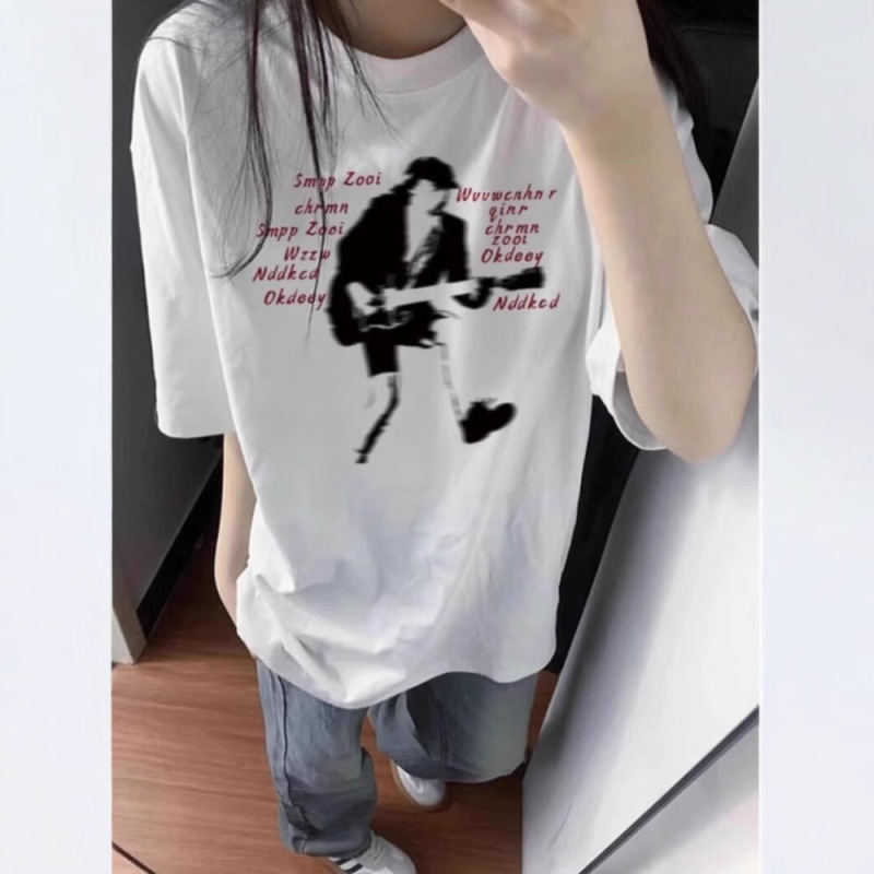 Retro Rock Letter Cotton Short-Sleeved T-Shirt for Women, Summer Loose Oversize Versatile Top with Stereo Printing Trendy Brand Retro Rock Letter Cotton Short-Sleeved T-Shirt for Women, Summer Loose Oversize Versatile Top with Stereo Printing Trendy Brand