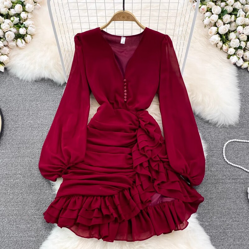 Spring gentle style elegant V-neck dress irregular cake set ruffled waist pleated hip skirt