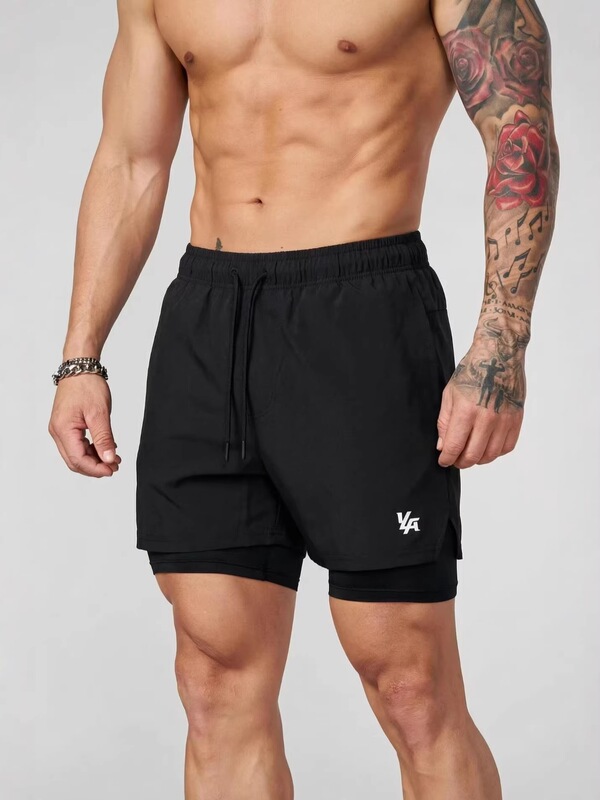 Youngla Men's Shorts Sports Fitness 2-in-1 Double Layer Shorts Outdoor Jogging Training Elastic Sports Pants