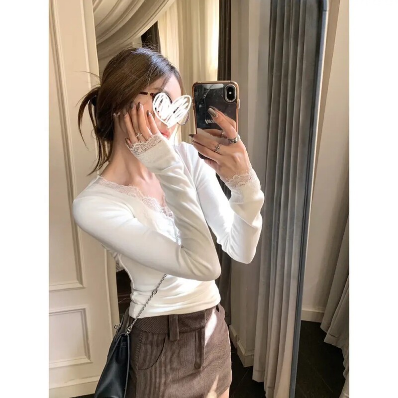 Autumn and Winter Pure Desire Style Lace Patchwork Collar Thermal Long-Sleeve Base Shirt for Women 2026 Elastic V-Neck T-Shirt Top Trendy Autumn and Winter Pure Desire Style Lace Patchwork Collar Thermal Long-Sleeve Base Shirt for Women 2026 Elastic V-Neck T-Shirt Top Trendy