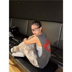 JENNIE同款水洗黑色无袖背心女T恤2025新款字母印花超火减龄上衣