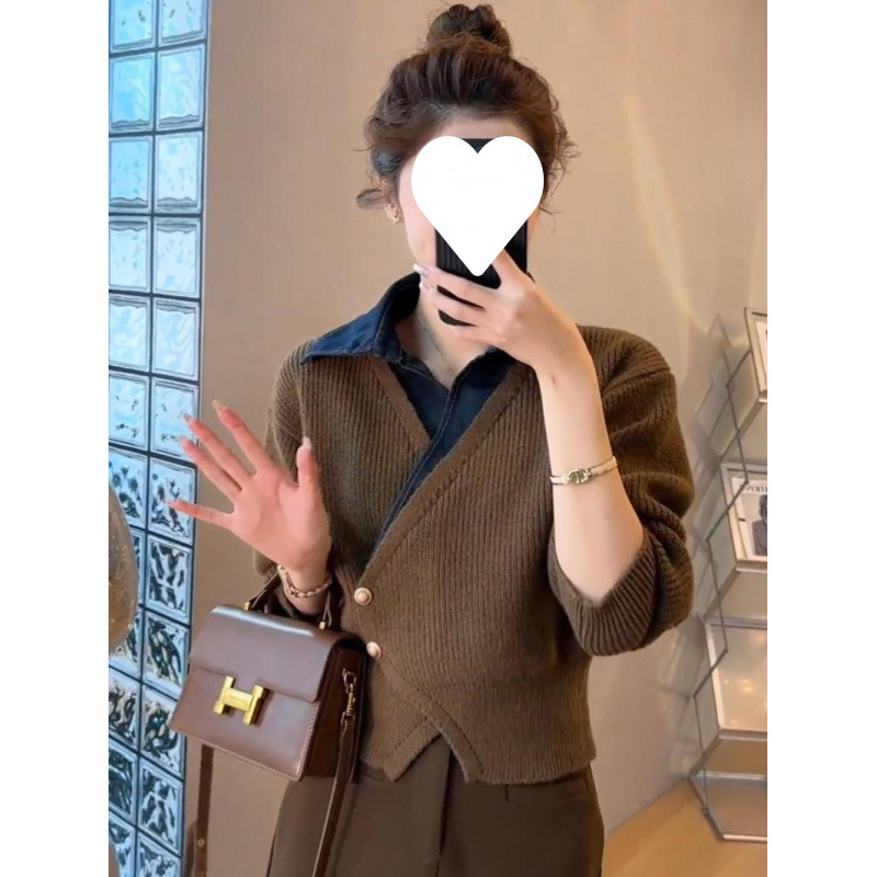 가을 작은 착용 슬리밍 패션 새로운 가을과 겨울 짧은 니트 카디건 스웨터 올 매치 데님 스티칭 탑