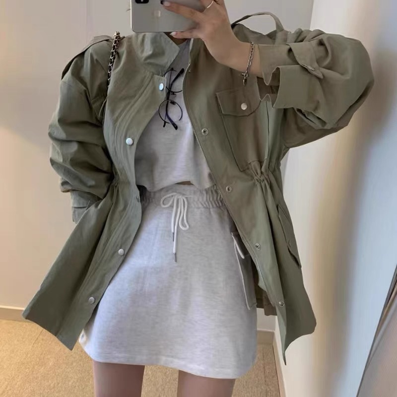 South Korea Chic Autumn Retro Elegant Lapel Zipper Hidden Button Pleated Waist Slimming All-match Windbreaker Jacket for Women