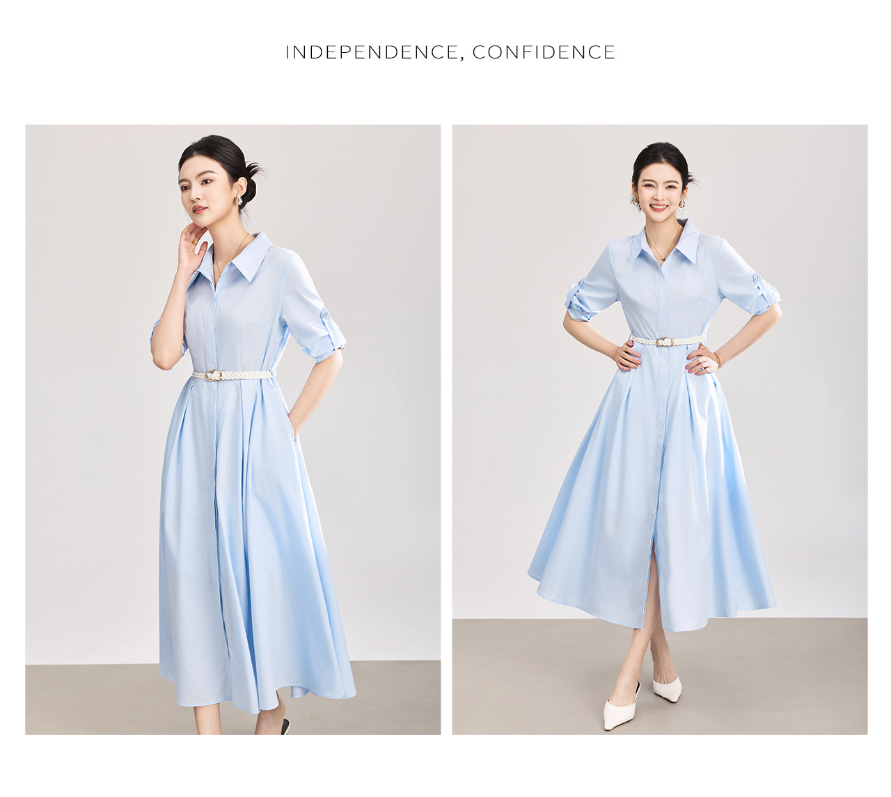 Đầm sơ mi nữ tay dài cổ ve, chất liệu tơ tằm pha cotton, dáng suông thoải mái — xanh lam chi tiết 14