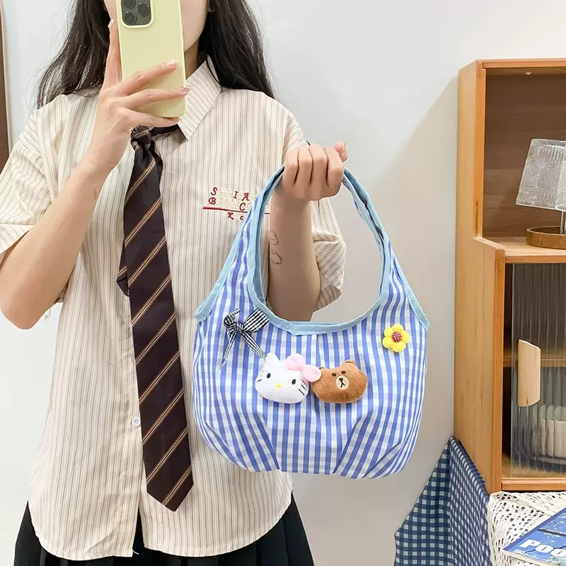 可爱尼龙格子手提包包女跨境新款韩系小清新便当包手拎包手提袋