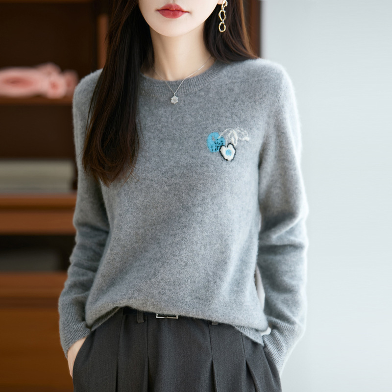 Gray Cherry 100 Wool Sweater Knitted Women's Korean Round Neck Bottoming Shirt Elegant Short Fashion Embroidered Sweater Trendy