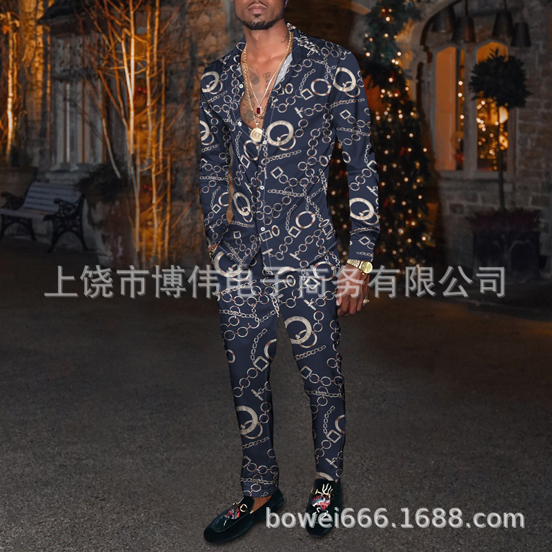 2021 foreign trade new European size fashion men's long sleeve shirt casual 3D retro printed shirt trousers two-piece set 2021 foreign trade new European size fashion men's long sleeve shirt casual 3D retro printed shirt trousers two-piece set