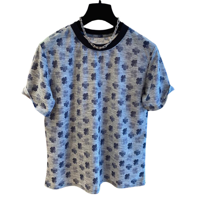 フラワーグレー Tシャツレディース半袖 2025 夏新作ゆったりシックでユニークな四つ葉のクローバープリントボトムシャツトップ|undefined
