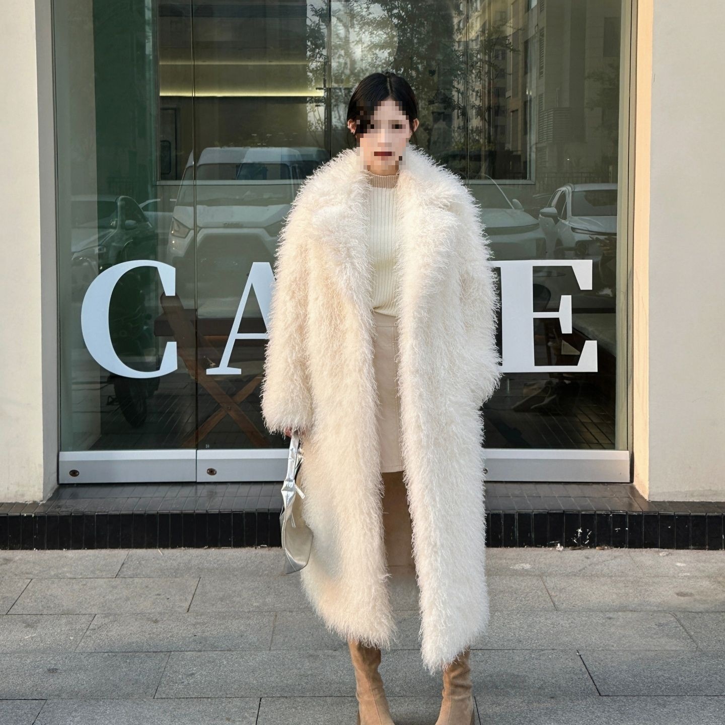 New cross-border autumn/winter faux silk lamb's wool coat for women, extra long, with a suit collar and loose fit.