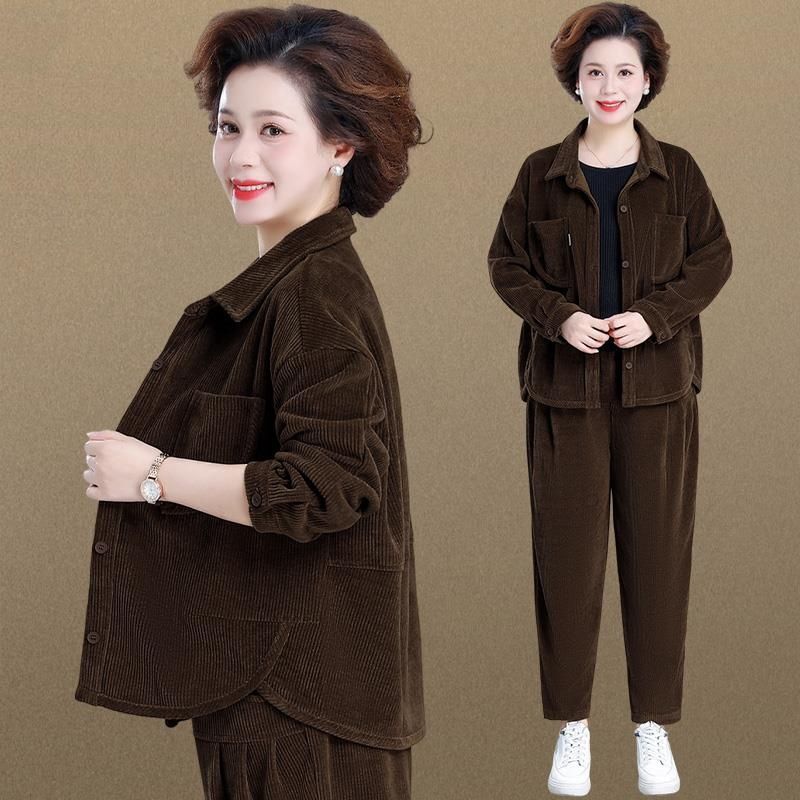 中年妈妈春装外套洋气运动服套装中老年女装春秋灯芯绒上衣两件套|undefined