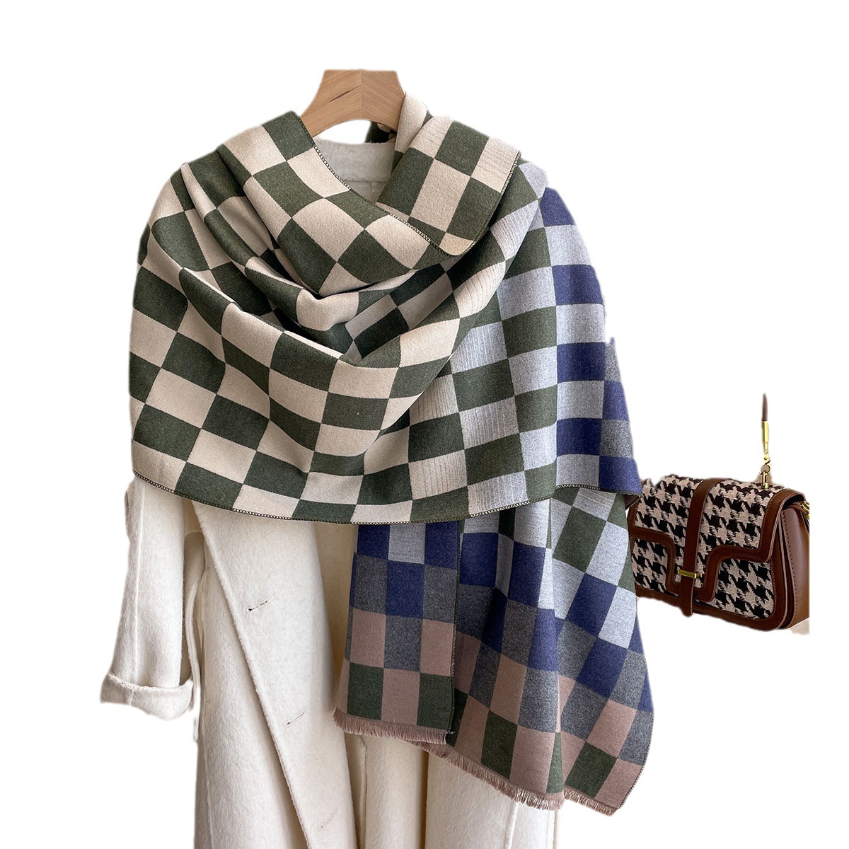 2023 nuevo estilo coreano tablero de ajedrez Plaid Cachemira contraste color bufanda engrosada largo chal invierno bufanda popular para las mujeres