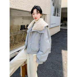 蓝色气质时尚羊羔毛大翻领羽绒服女2025冬季新款韩版保暖白鸭绒服