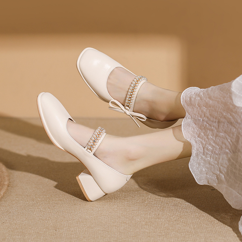 2025 New Mary Jane Shoes for Women, Pearl Velcro Square Toe Women's Shoes with Skirt, Korean Style Bow