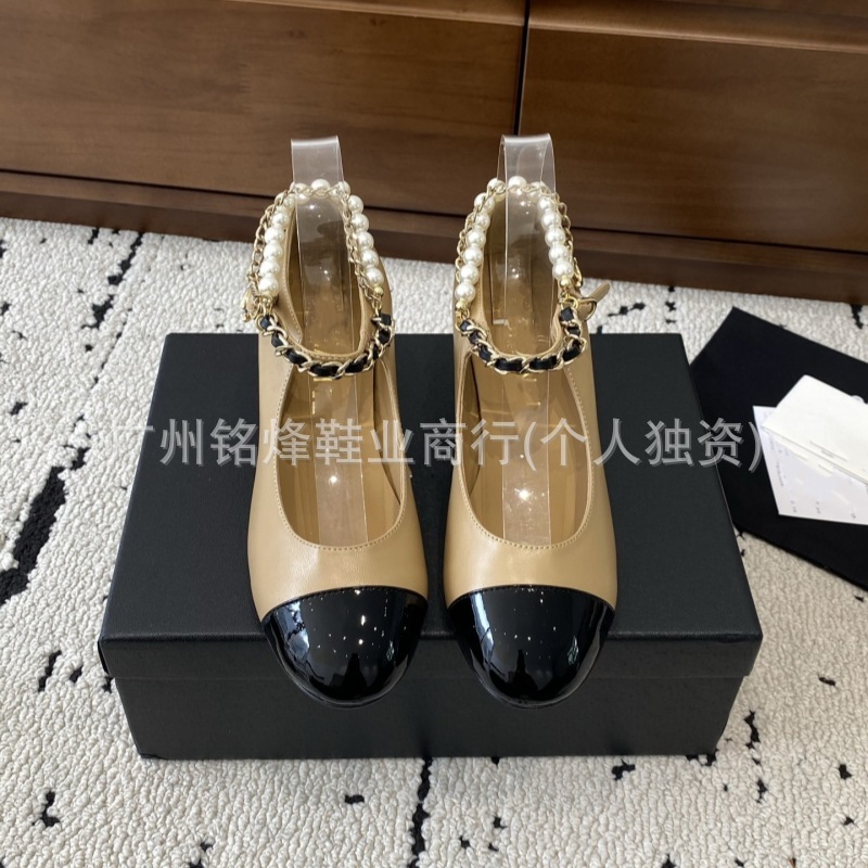 小香风真皮金属链条粗跟玛丽珍鞋女25时尚圆头拼色休闲珍珠单鞋潮|undefined