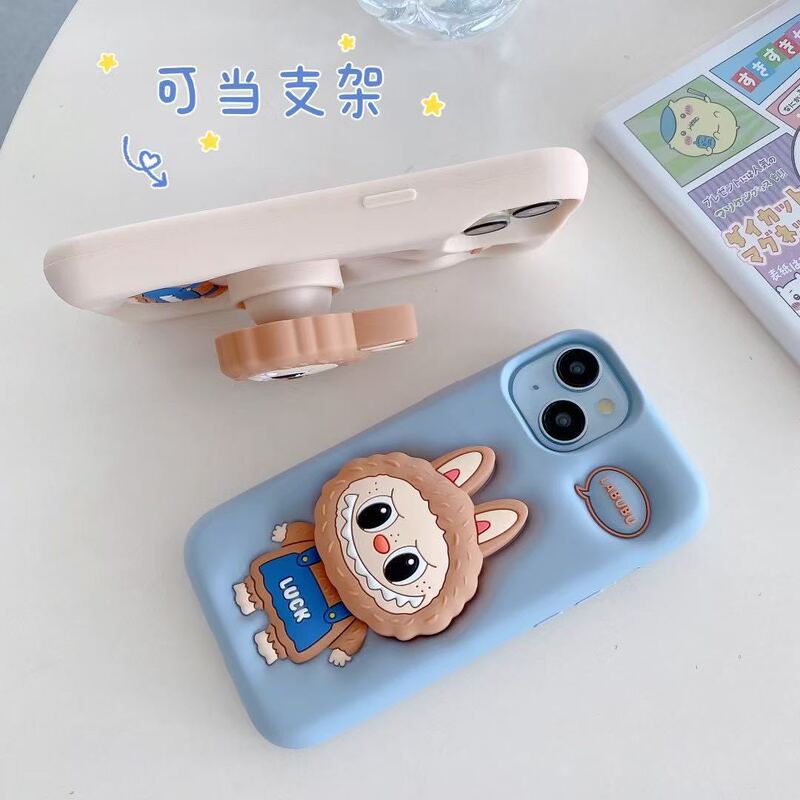 漫画風のかわいいラブブ付きスタンド付きスマホケース、Apple iPhone16/15/13/14対応、シリコン製、滑り止め|undefined