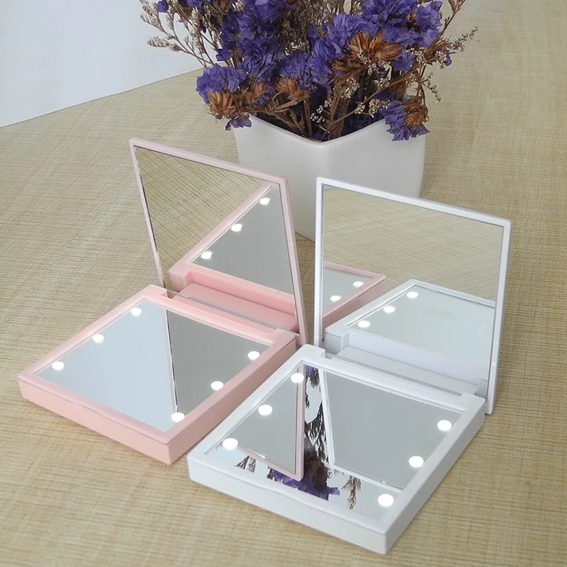 Foldable Mini LED Makeup Mirror, Double-Sided, ABS, 6 LEDs, Portable 70×70×10 mm