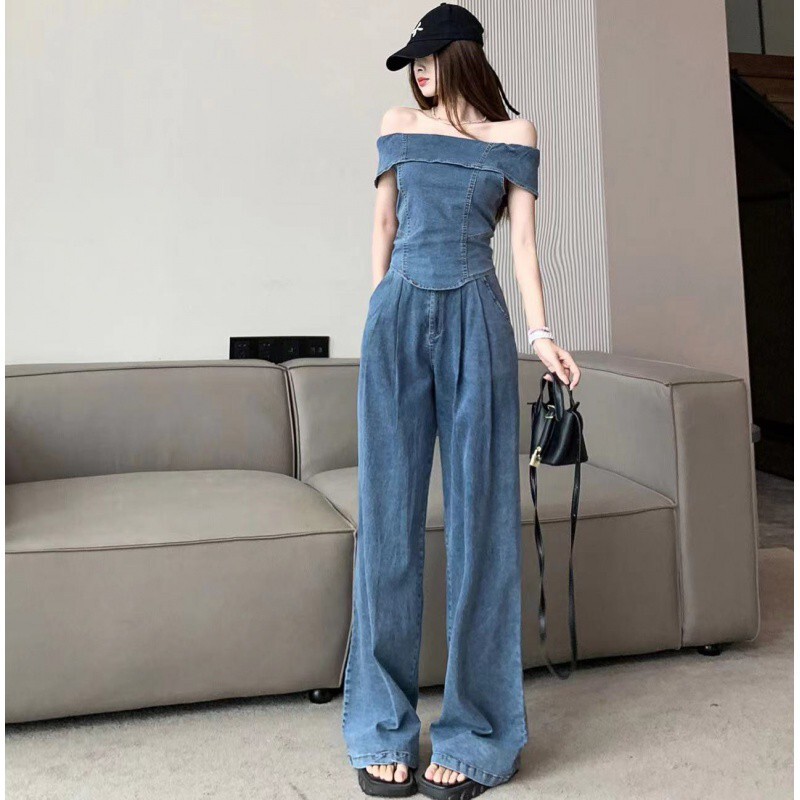 Retro Hong Kong Style Denim Suit Cross-Border Women's Clothing Summer New Sexy One-Shoulder Top + High-Waisted Slimming Look Wide-Leg Pants