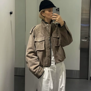 菲比服装厂 |BC钉珠系列反绒麂皮夹克女士皮衣老钱多口袋猎装无袖