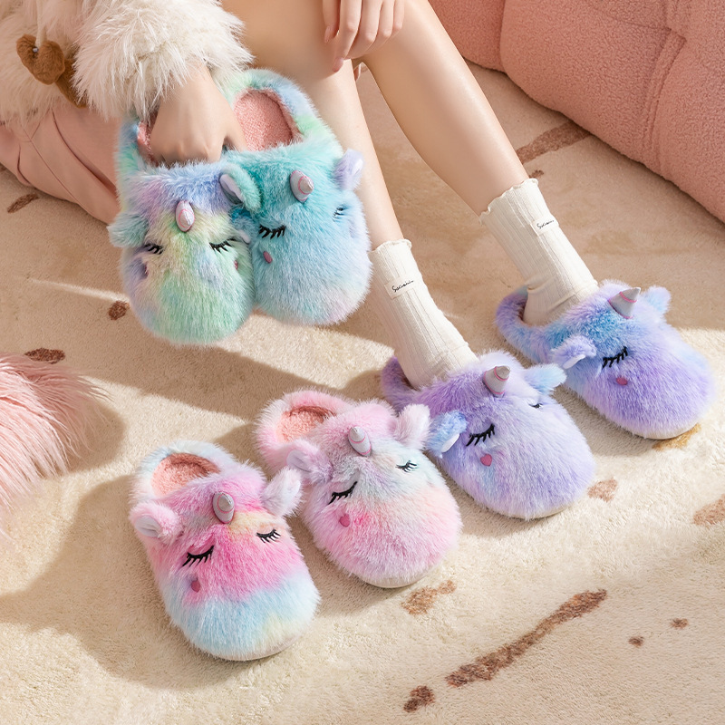 Furry Cotton Slippers for Women, Cute Ice Cream Color Unicorn Plush Home Indoor Autumn and Winter Cotton Slippers Wholesale