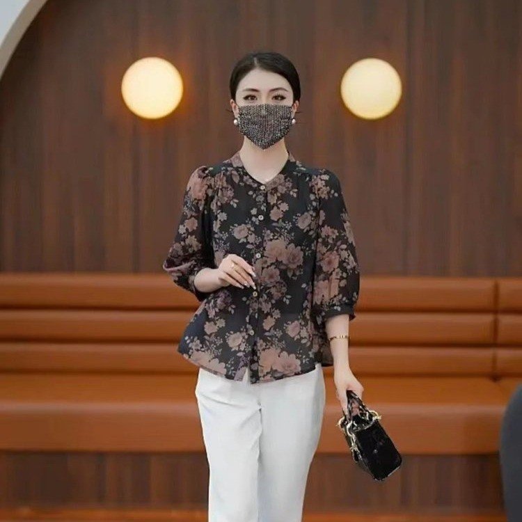 代件2025春夏ファッション百合洋気色柄五分袖薄いシャツ気質ゆるい上着女|undefined