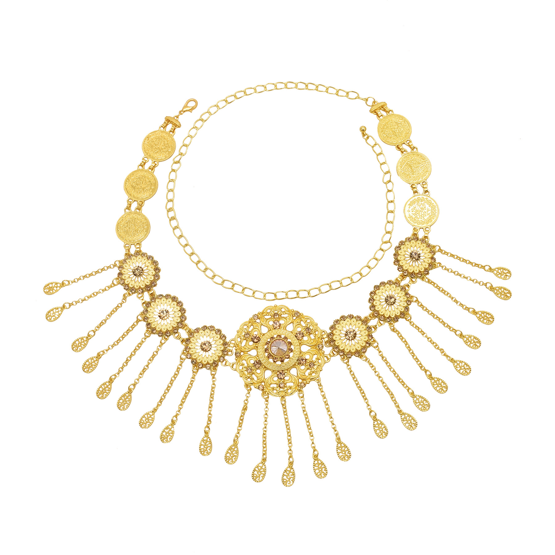 民族风时尚合金镶钻流苏腰链单圈傣族服饰配饰肚皮舞配饰新款