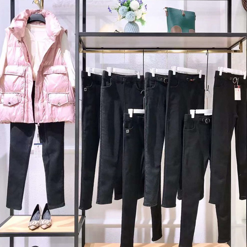 黑色休闲裤弹力高腰钻石纹加绒打底裤女金果果外穿品牌铅笔小黑裤