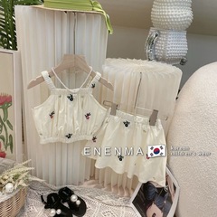 韓国子供服2025夏新作女の子フレッシュ刺繍スーツ女の子キャミソール+キュロット2点セット