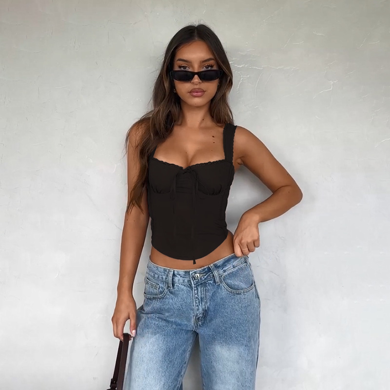 54g Weight Polyester Fabric Type Short Top Length Vest Tops Type Casual, Holiday, Daily Occasion Strap Neckline Slim Fit Type Solid Color Pattern Summer, Spring Season Women's Gender Lace Design Sexy Style Apricot, Brown, Black Color Wholesale Women's Sexy Solid Color Apricot Brown Black Lace Tank Tops 9