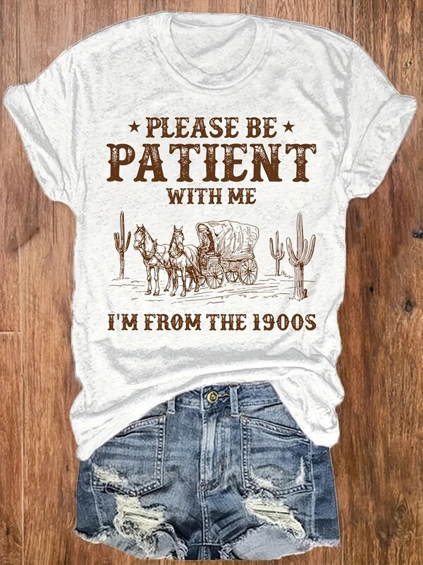 European Size Women's T-Shirt - Vintage 1900S Western Cactus Graphic White Top
