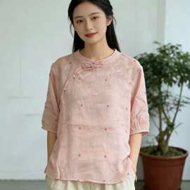 夏季刺绣苎麻衬衫女文艺新中式女装新款立领短袖套头小衫禅意茶服