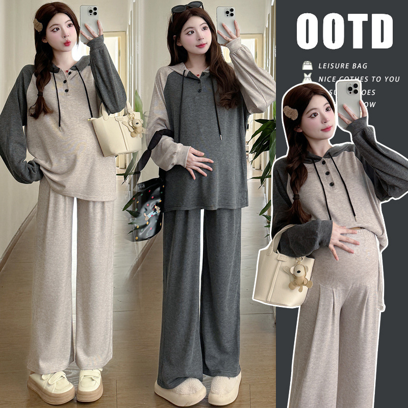 Pregnant Women's Autumn Color-Blocked Hooded Long-Sleeved Tops, Spring and Autumn Wide-Leg Pants, Loose and Age-Reducing Casual Two-Piece Set during Pregnancy
