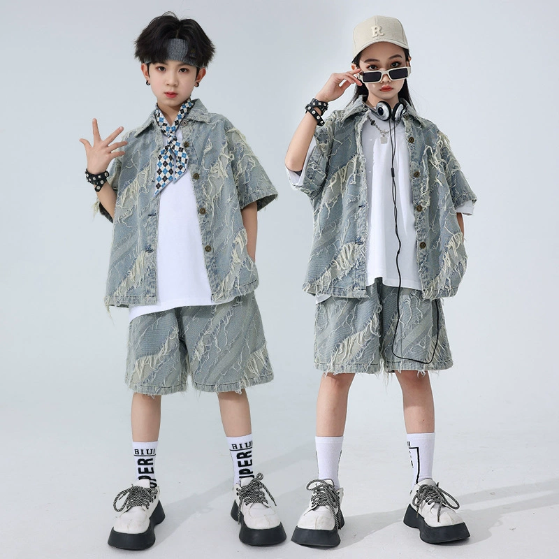 Детский хип-хоп прилив костюм мальчик джинсовый жилет набор для девочек хип-хоп жареная улица для детей летнее шоу hiphop