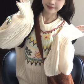 甜美风费尔岛圣诞套头毛衣女2025年冬季慵懒风韩系复古针织衫上衣