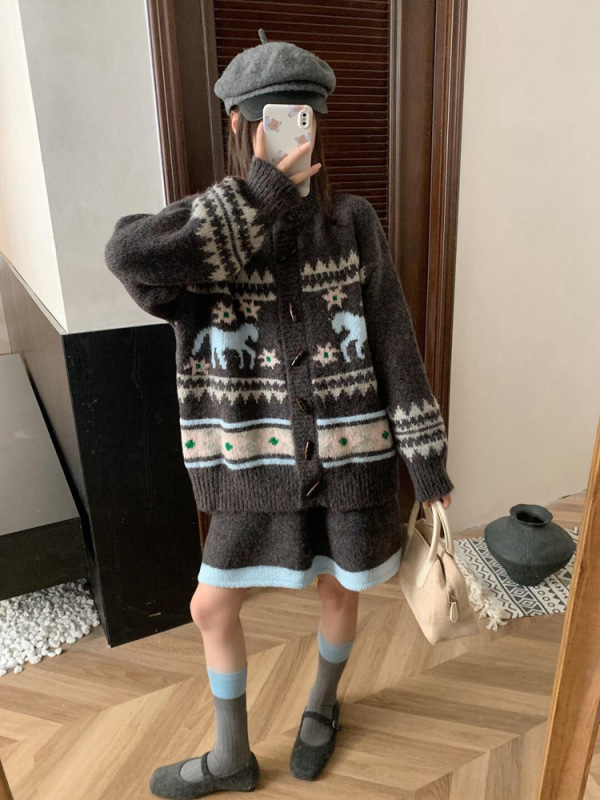 复古费尔岛毛衣套装牛角扣提花针织开衫外套半身裙女秋冬季两件套|undefined